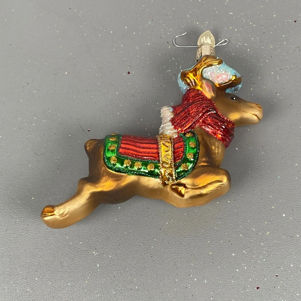 Old World Christmas Glass Holiday Ornaments Flying Reindeer & Cat In Stocking